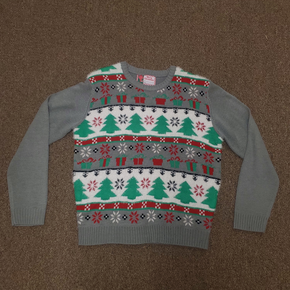 Merry Christmas Holiday Knit Cardigan Sweater womans XL trees snowflakes acrylic